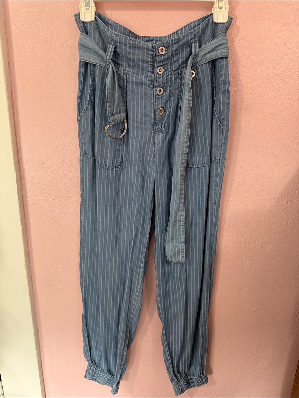 Striped Blue Paperbag Waist Pants with Belt